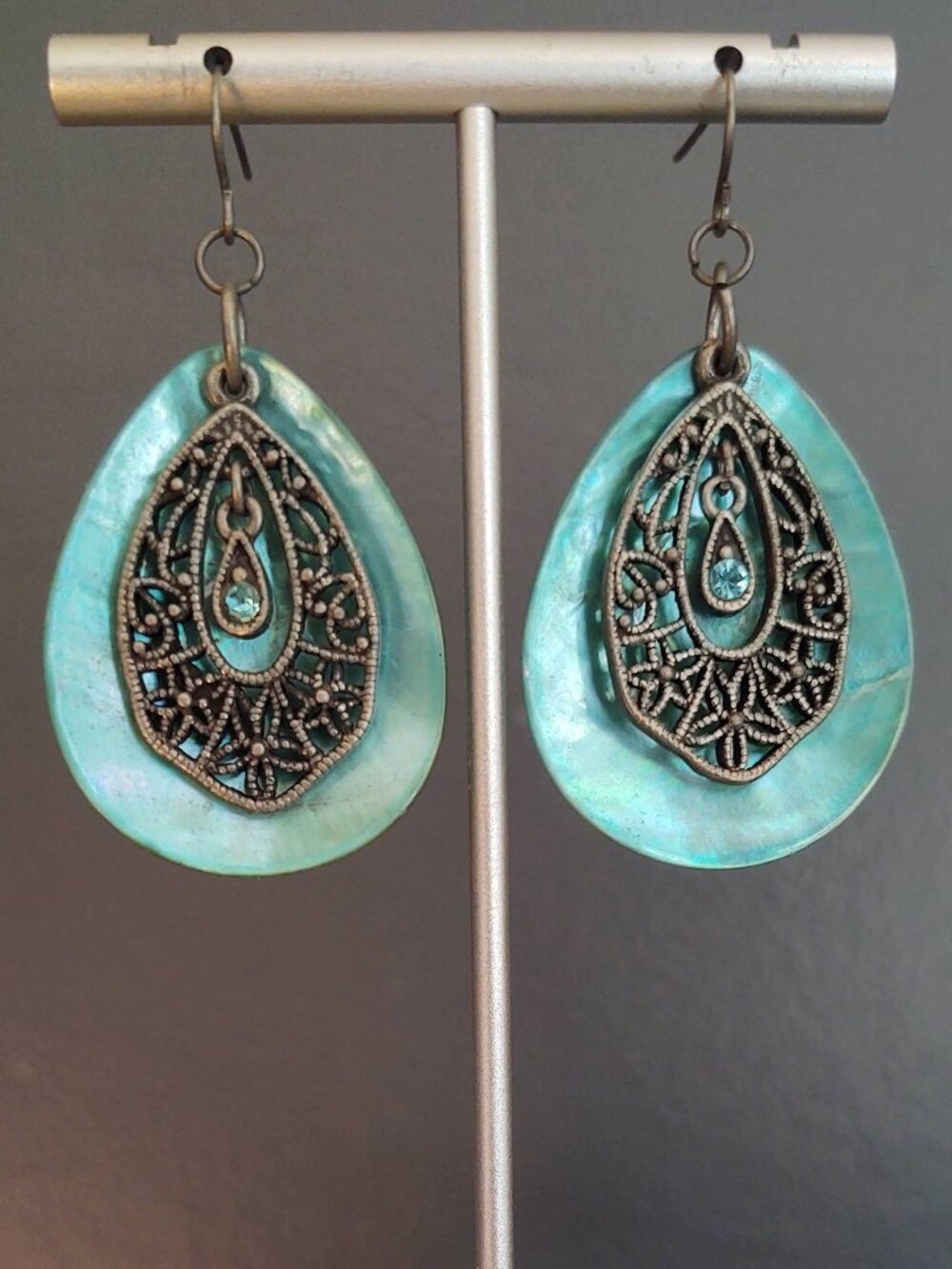 Shell, crystal and filigree earrings